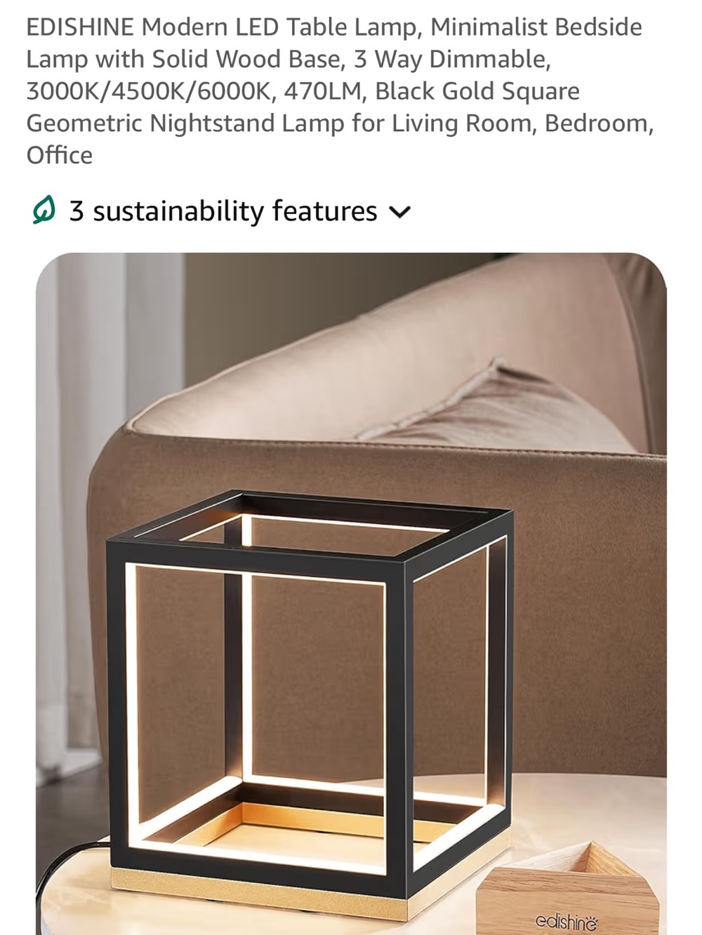 Edishine Black and Gold Modern Cube LED Lantern Table Lamp